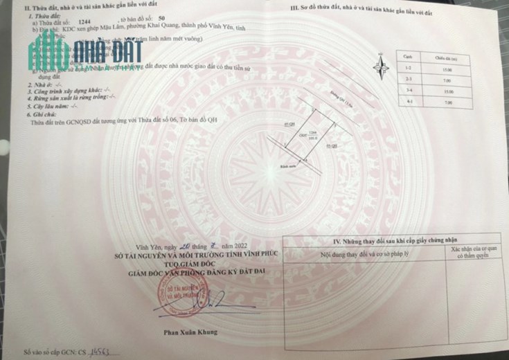 Bán đất xen ghép Mậu Lâm, Khai Quang, Vĩnh Yên 105m2, giá: 17,x tr/m2.Liên hệ: 0986.454.393