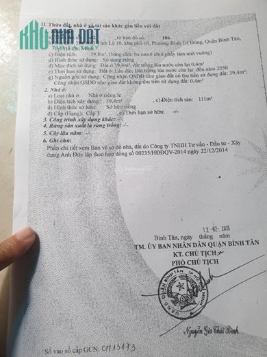 Bán nhà riêng Tỉnh lộ 10 quận Bình Tân, 1 trệt 2 lầu, 39m2, giá 4,5 tỷ còn thương lượng