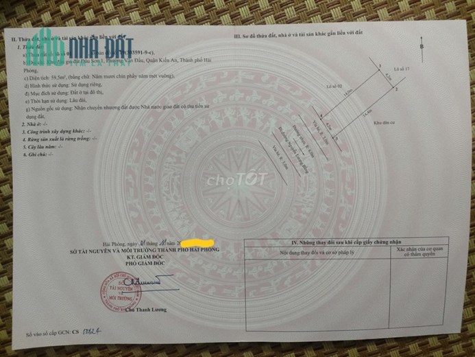 Chính chủ bán Đất sổ đỏ 60m2 đường Nguyễn Lương Bằng Phường Văn Đẩu, Quận Kiến An, Hải Phòng