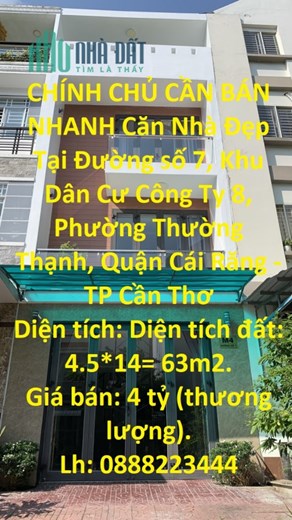 CHÍNH CHỦ CẦN BÁN NHANH Căn Nhà Đẹp Tại Đường số 7, Khu Dân Cư Công Ty 8 - TP Cần Thơ