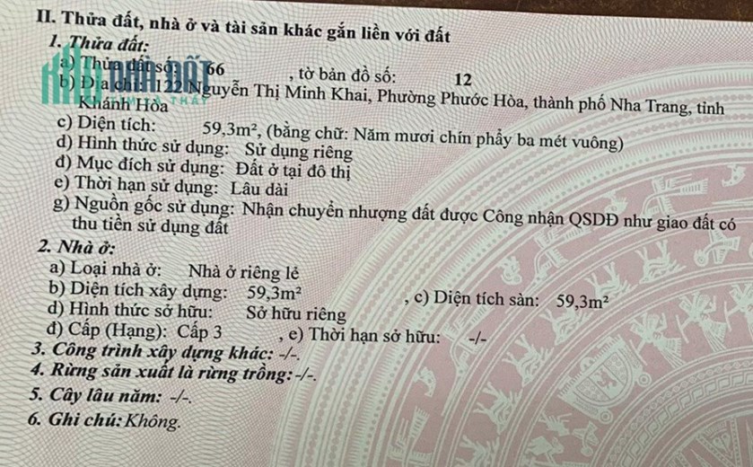 Bán nhà MT 59,3m2, 2 PN,1WC , Đường Nguyễn Thị Minh Khai, TP Nha Trang