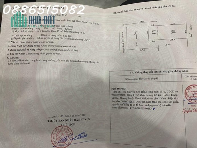 Chủ cần tiền bán cắt lỗ mảnh đất  100m2 full đất ở, xã Thủy Xuân Tiên Chương Mỹ Hà Nội.