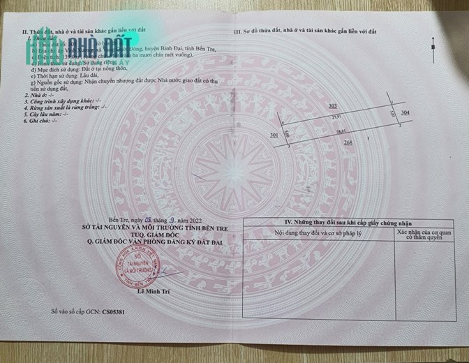 Chính chủ cần bán đất Mặt Tiền ở Ấp Vinh Xương, Vang Quới Đông, huyện Bình Đại, Bến Tre
