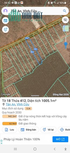 Bán 1005m2 đất ấp Thái An, xã Tân An, huyện Vĩ. nh Cửu, SHR, 1.13 tỷ. Lh:0919565566