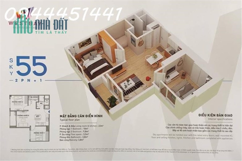Bán căn hộ tầng 12 Westbay Ecopark 55m2 tòa D, hướng Đông Nam