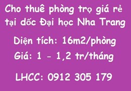 Cho thuê phòng trọ giá rẻ tại dốc Đại học Nha Trang; từ 1tr/th; 0912305179