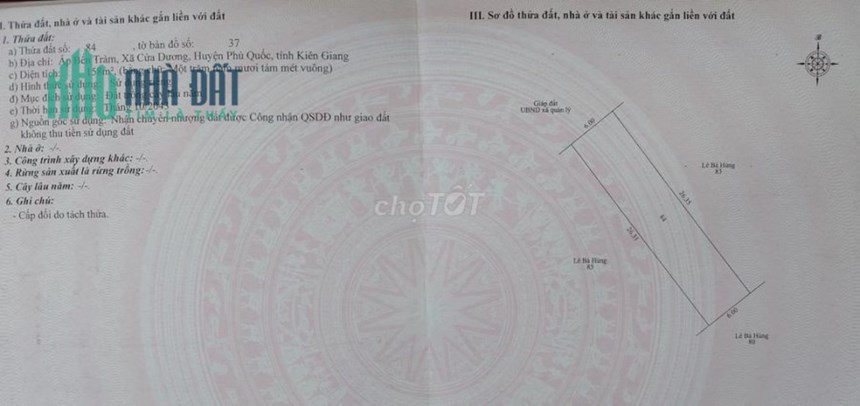 Cần bán lô đất nền chính chủ Ấp Bến Tràm,Xã Cửa Dương, Thành phố Phú Quốc, Kiên Giang