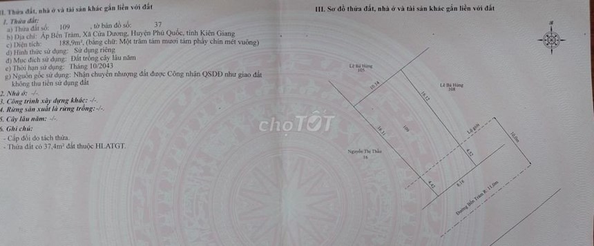 Cần bán lô đất nền chính chủ Ấp Bến Tràm,Xã Cửa Dương, Thành phố Phú Quốc, Kiên Giang