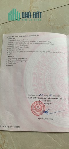 Chính chủ cần bán nhanh căn nhà 2 tầng Mặt Phố thuộc  Tổ 12 - Phường Hợp Giang - TP Cao Bằng - Tỉnh
