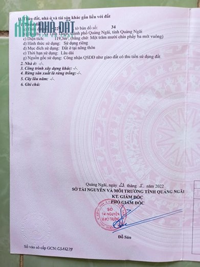 Chính chủ cần bán lô đất thuộc  Xã Tịnh thiện - TP Quảng Ngãi  -Tỉnh Quảng Ngãi.