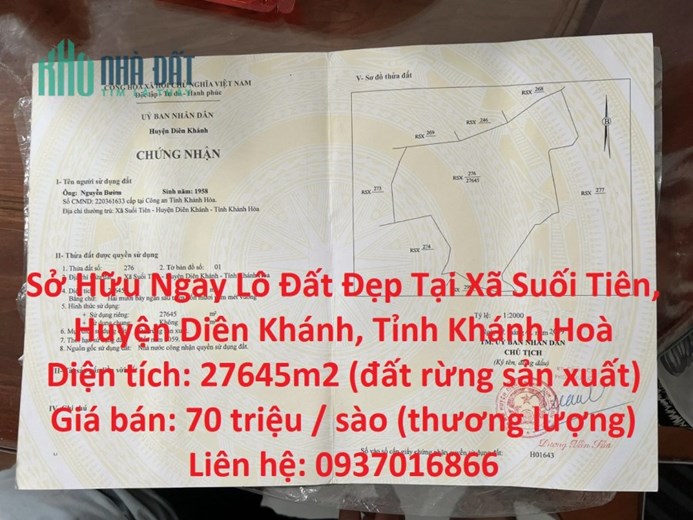 Sở Hữu Ngay Lô Đất Đẹp Tại Xã Suối Tiên, Huyện Diên Khánh, Tỉnh Khánh Hoà