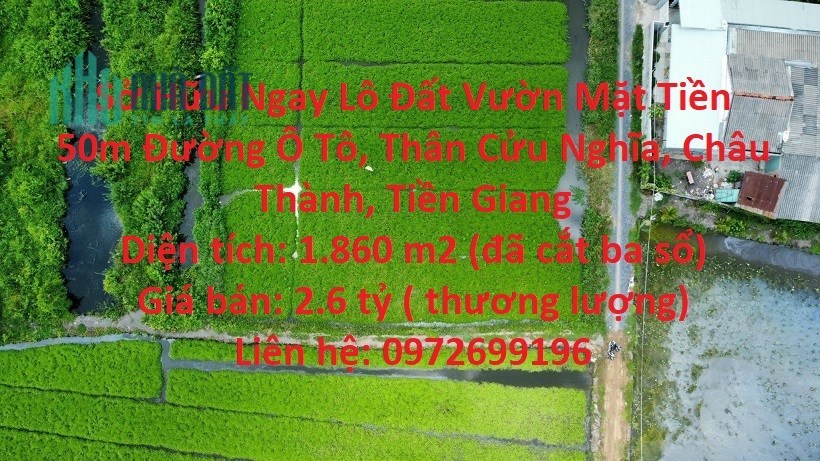 Sở Hữu Ngay Lô Đất Vườn Mặt Tiền 50m Đường Ô Tô, Thân Cửu Nghĩa, Châu Thành, Tiền Giang