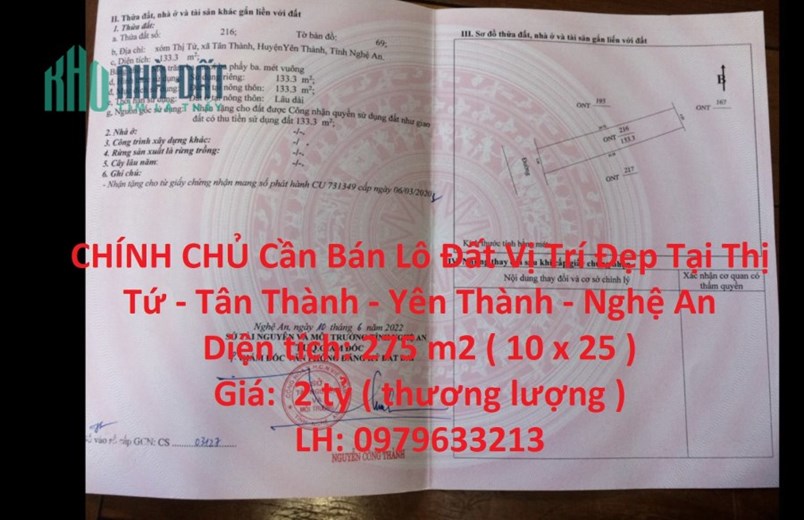 CHÍNH CHỦ Cần Bán Lô Đất Vị Trí Đẹp Tại Thị Tứ - Tân Thành - Yên Thành - Nghệ An