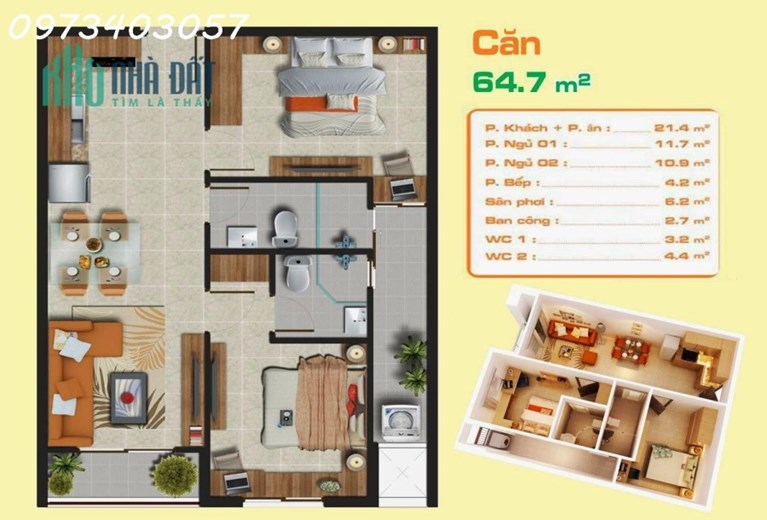 Chính chủ cần cho thuê căn hộ 65m2. 2PN Hưng Ngân garden Q12 full nội thất