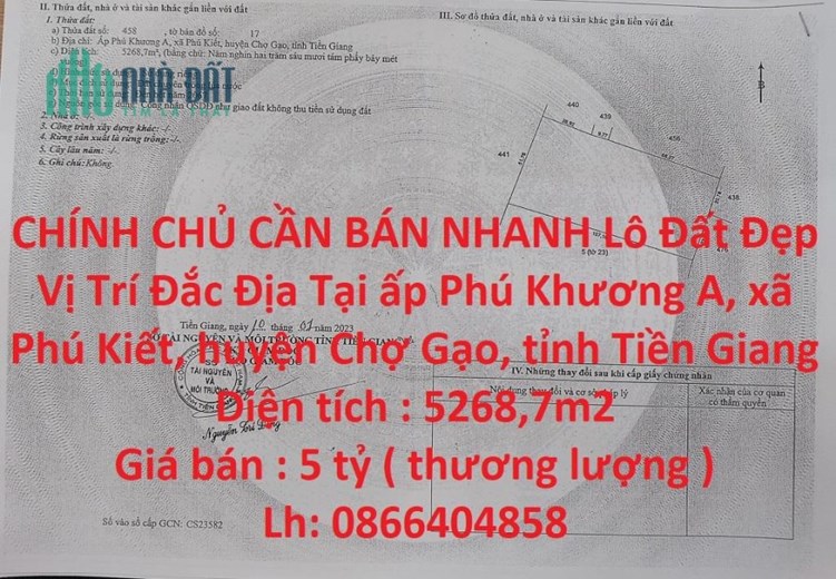 CHÍNH CHỦ CẦN BÁN NHANH Lô Đất Đẹp Vị Trí Đắc Địa Tại Tiền Giang