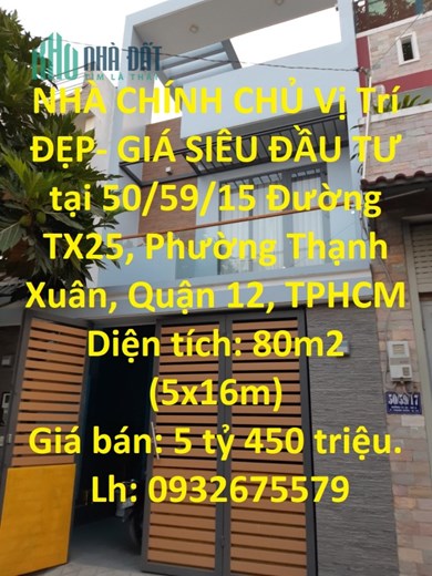 NHÀ CHÍNH CHỦ Vị Trí ĐẸP- GIÁ SIÊU ĐẦU TƯ tại quận 12, TPHCM