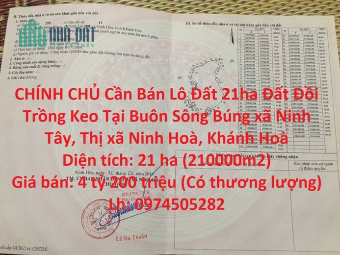 CHÍNH CHỦ Cần Bán Lô Đất 21ha Đất Đồi Trồng Keo Tại Buôn Sông Búng - Khánh Hòa