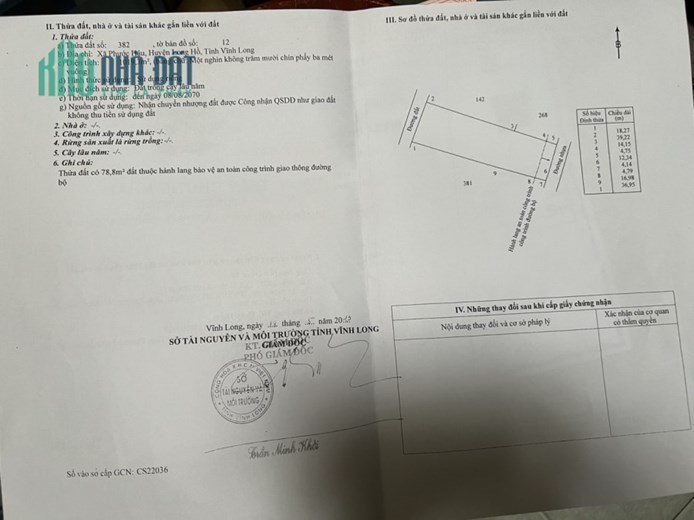 Bán đất xã Phước Hậu, huyện Long Hồ, tỉnh Vĩnh Long.
