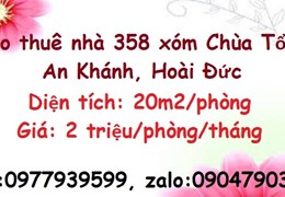 ✔️Cho thuê nhà 358 xóm Chùa Tổng An Khánh, Hoài Đức, 2tr/phòng; 0977939599