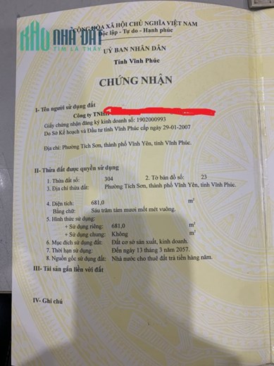 Bán nhà xưởng và đất 681 m2 ở Phường Tích Sơn, Tp Vĩnh Yên - Vĩnh Phúc