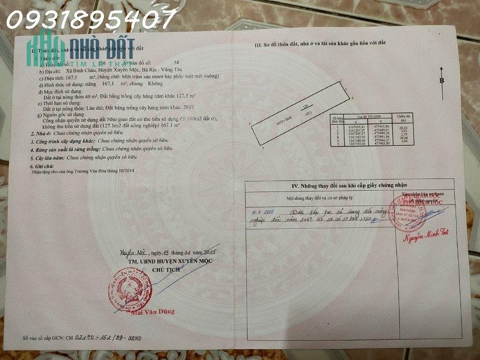 Bán hoặc đổi bù đất mặt tiền đường nhựa 8m kế bên chợ Bình Châu, Xuyên Mộc, BR.VT