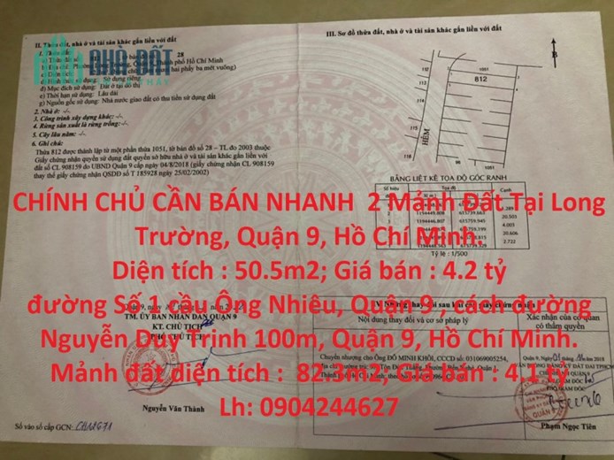 CHÍNH CHỦ CẦN BÁN NHANH  2 Mảnh Đất Tại Quận 9, Hồ Chí Minh.