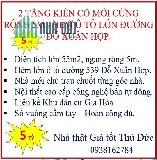 Bán gấp nhà 2 tầng mới cứng-55m2-Rộng 5m-Hẻm ô tô-Đường Đỗ Xuân Hợp.