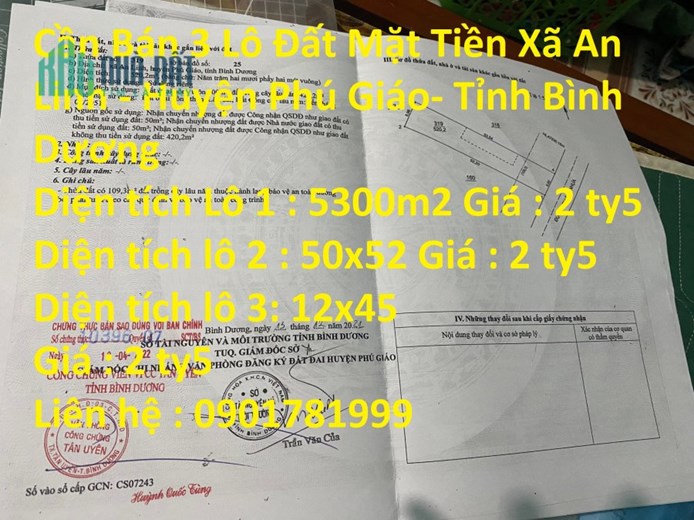 Cần Bán 3 Lô Đất Mặt Tiền Xã An Linh - Huyện Phú Giáo- Tỉnh Bình Dương