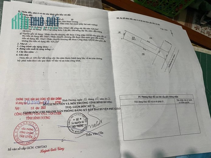 Cần Bán 3 Lô Đất Mặt Tiền Xã An Linh - Huyện Phú Giáo- Tỉnh Bình Dương