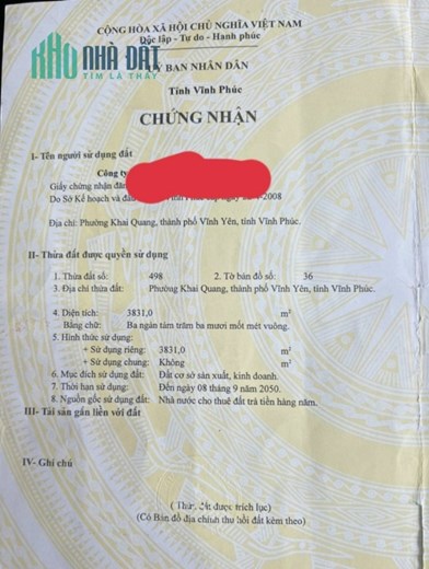 Bán 3.831 m2 Đường Mê Linh , Phường Khai Quang, Tp Vĩnh Yên - Vĩnh Phúc