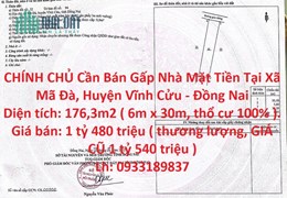 CHÍNH CHỦ Cần Bán Gấp Nhà Mặt Tiền Tại Xã Mã Đà, Huyện Vĩnh Cửu - Đồng Nai