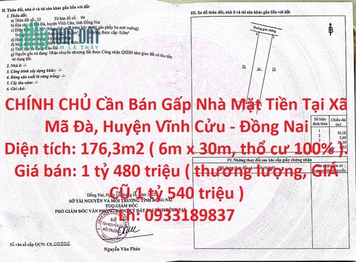 CHÍNH CHỦ Cần Bán Gấp Nhà Mặt Tiền Tại Xã Mã Đà, Huyện Vĩnh Cửu - Đồng Nai