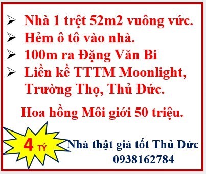 Bán nhà 1 trệt -52m2-Hẻm ô tô-Liền kề TTTM Moonlight-Trường Thọ-Thủ Đức.