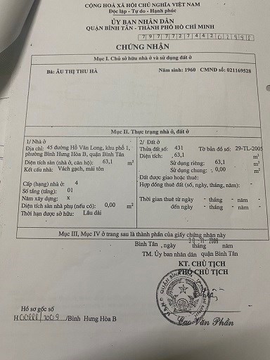 Cần bán nhà Mặt tiền đường Số 45 Hồ Văn Long - Phường Bình Hưng Hòa B - Quận Bình Tân - TP Hồ Chí
