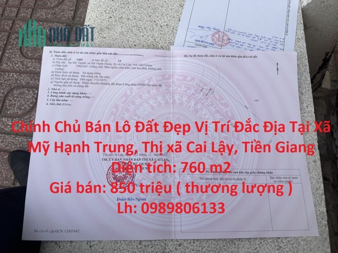 Chính Chủ Bán Lô Đất Đẹp Vị Trí Đắc Địa Tại Xã Mỹ Hạnh Trung, Thị xã Cai Lậy, Tiền Giang