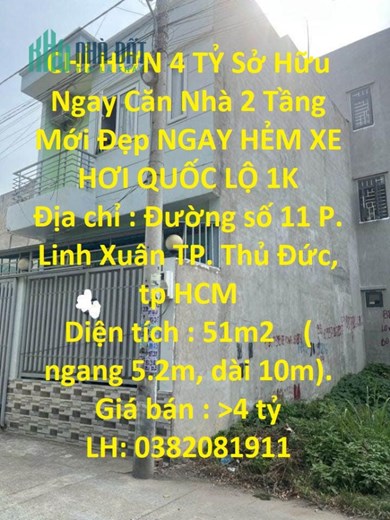 CHỈ HƠN 4 TỶ Sở Hữu Ngay Căn Nhà 2 Tầng Mới Đẹp NGAY HẺM XE HƠI QUỐC LỘ 1K