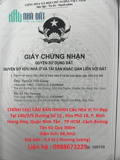 CHÍNH CHỦ CẦN BÁN NHANH Căn Nhà Vị Trí Đẹp Tại Quận Bình Tân