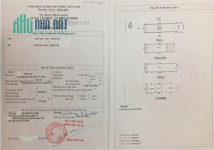 Bán nhà Độc Lập, Tân Quý, Tân Phú – HXH, 77m2, 4 tầng, 7.5 tỷ