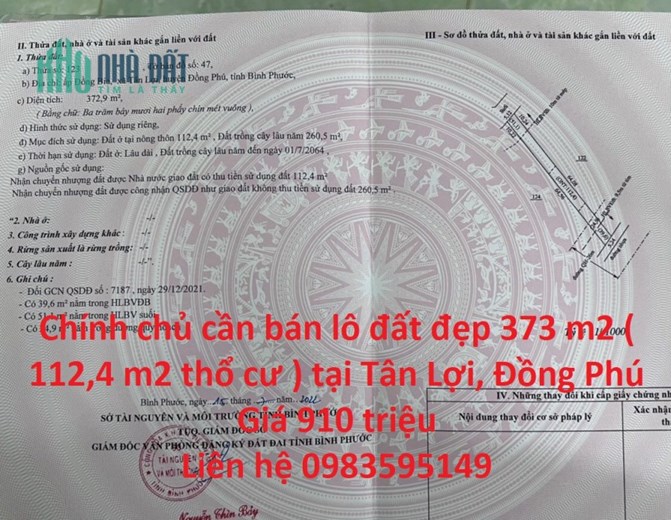 Chính chủ cần bán lô đất đẹp 373 m2 ( 112,4 m2 thổ cư ) tại Tân Lợi, Đồng Phú
