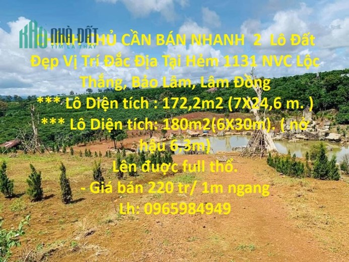 CHÍNH CHỦ CẦN BÁN NHANH  2  Lô Đất Đẹp Vị Trí Đắc Địa Tại Lộc Thắng Bảo Lâm, Lâm Đồng