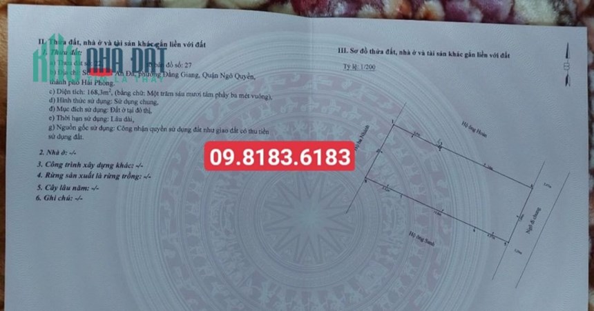 Bán đất tặng biệt thự tuyến 2 An Đà, diện tích 168m, ngõ 4m, GIÁ 42 tr/m cực đẹp