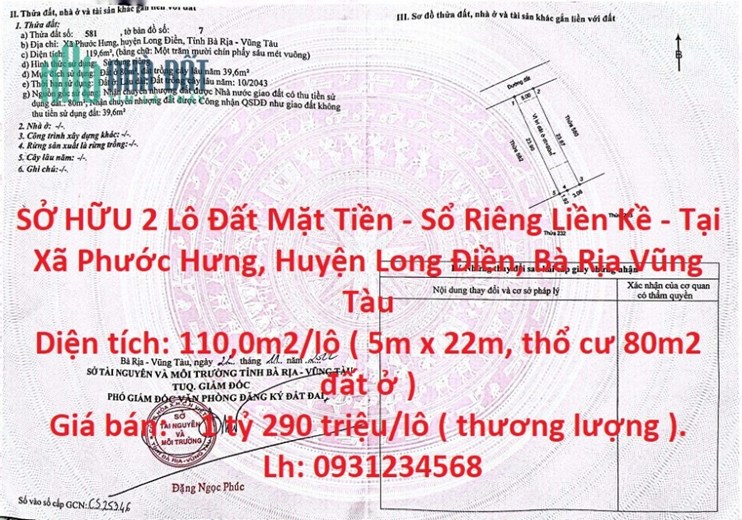 SỞ HỮU 2 Lô Đất Mặt Tiền - Sổ Riêng Liền Kề - Tại Xã Phước Hưng, Huyện Long Điền, Bà Rịa Vũng Tàu