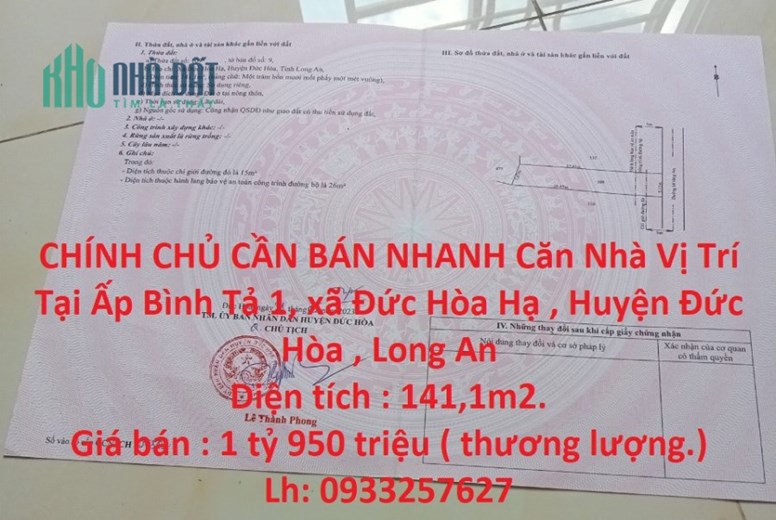 CHÍNH CHỦ CẦN BÁN NHANH Căn Nhà Vị Trí Tại Tỉnh Long An