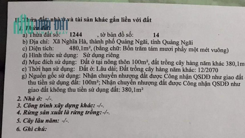 CHÍNH CHỦ Cần Bán Lô Đất Vị Trí ĐẮC ĐỊA Tại  Xã Nghĩa Hà, Thành phố Quảng Ngãi, Quảng Ngãi