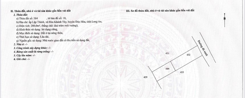 Bán lô đất đường xe hơi DT 825, Hoà Khánh Tây, Đức Hoà, Long An