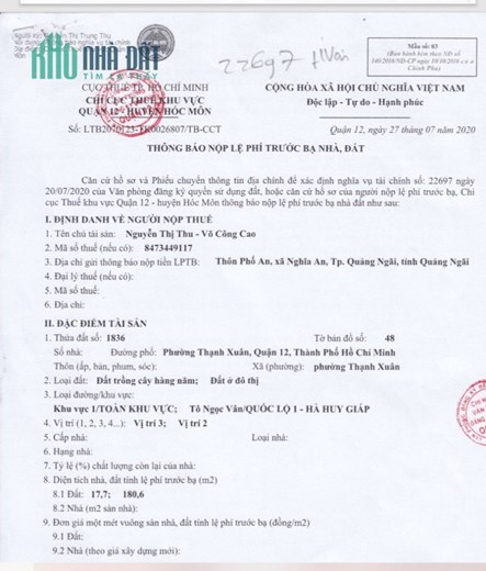 CẦN BÁN NHANH LÔ ĐẤT 2 MẶT TIỀN TRƯỚC SAU TẠI PHƯỜNG THẠNH XUÂN, QUẬN 12, TP. HỒ CHÍ MINH.