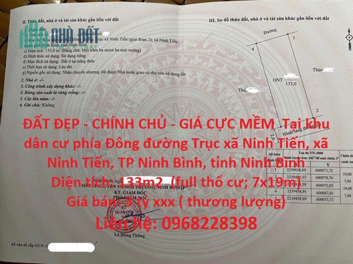 ĐẤT ĐẸP - CHÍNH CHỦ - GIÁ CỰC MỀM  Tại Trục Đường Xã Ninh Tiến, TP Ninh Bình