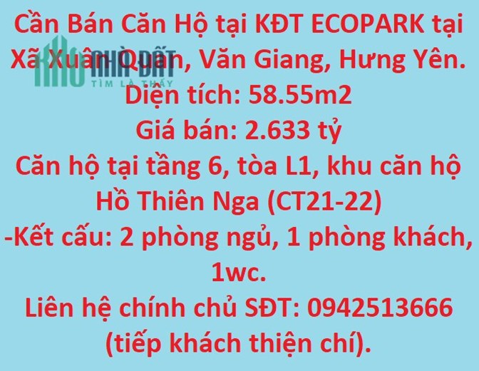 Cần Bán Căn Hộ tại KĐT ECOPARK tại  Xã Xuân Quan, Văn Giang, Hưng Yên.