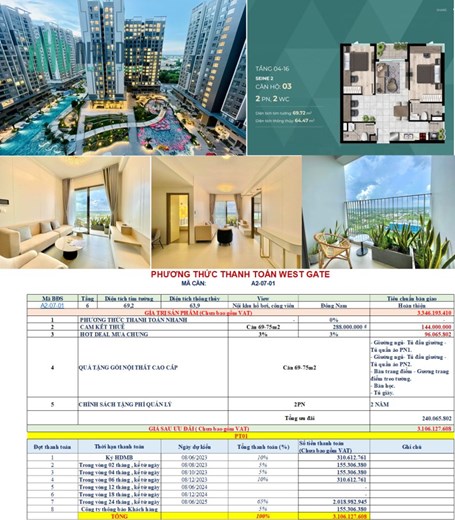 Đừng mua căn 59m2 Westgate-Muốn thoải mái hãy chọn 69m2: 2PN+,ban công rộng, bếp rộng chỉ 40tr/m2