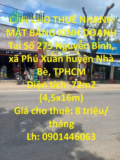 CẦN CHO THUÊ NHANH MẶT BẰNG KINH DOANH Tai huyện Nhà Bè, TPHCM